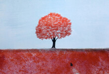 Watercolor Painting Horizon Landscape Tree In The Red Field And Blue Sky With Clouds Hand Drawn.