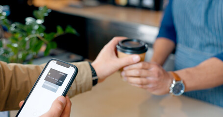 Poster - Coffee, phone or hands of customer in cafe with cashier for shopping, sale or payment in checkout. Machine, bills or closeup of barista giving service, beverage or tea drink to a person in restaurant