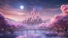 Majestic Castle With Gleaming Spires Under Radiant Moonlight Amidst Pink-hued Clouds. Fantasy Kingdom.