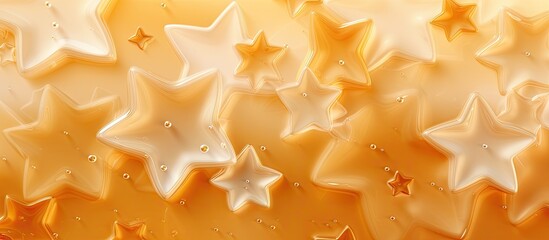 Sticker - An illustration on an amber background displays a seamless pattern of white liquid soap symbols which vary in size and opacity The symbols are evenly spaced and are accompanied by stars