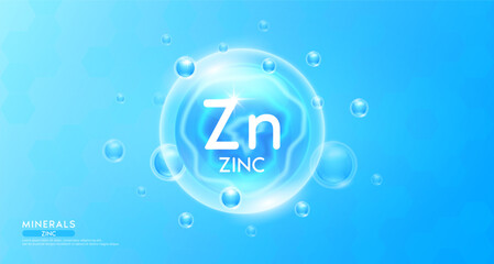 Poster - Zinc minerals inside blue bubble floating in the air. Vitamins complex essential supplement to the health care. For food  nutrition and medicine. Science medical concept. Banner 3D vector.