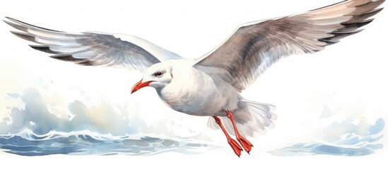 A watercolor illustration of a seagull which is hand drawn can be seen in isolation on a white background