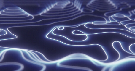 Wall Mural - Abstract blue futuristic hi-tech landscape with mountains and canyons from glowing energy circles and magic lines background