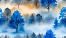 Watercolor Seamless Landscape Pattern With Blue Trees In The Fog