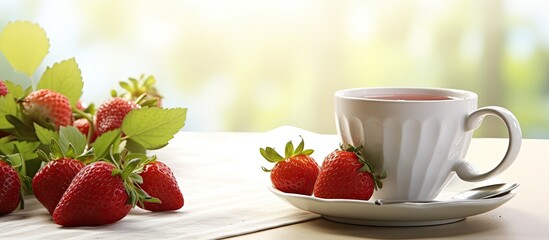 Poster - A cup filled with ripe strawberries sits on the breakfast table in the morning