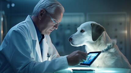 Wall Mural - An elderly veterinarian with gray hair looks at a tablet and a ginger dog sits on the table in the clinic.