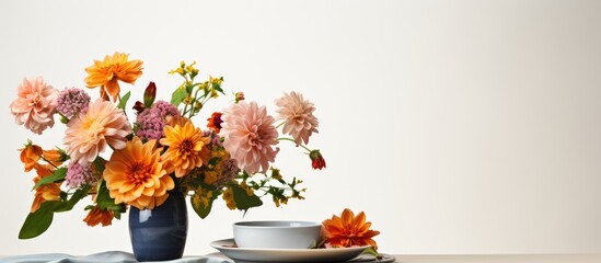 Sticker - Flowers arranged on a white background create an aesthetically pleasing table decor