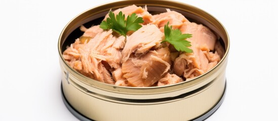 Wall Mural - Albacore fish chunks in an open tin can preserved in tuna oil isolated on a white background with a top down view and accompanied by a clipping path