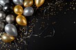 © Virtual Art Studio - Gold and silver balloons with glittering confetti on isolated black background. Black Friday sale concept.