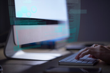 Fototapete - Person coding website at night, hands typing on keyboard in the dark and internet technology with digital overlay. IT student working on project, online research on computer and future closeup