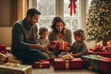 family with small children near the christmas tree opening gifts
