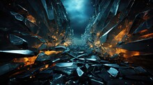 Abstract Background Of Broken Flying Shards Of Glass And Crystals On A Dark Background
