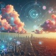 A futuristic city skyline with colorful clouds