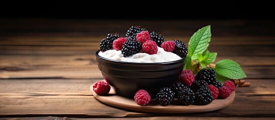 Wall Mural - Fresh juicy berries and blackberry flavored yogurt displayed on a weathered wooden table