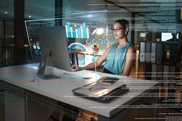 Aufkleber - Computer, online hologram hud and woman review finance chart, stock market database or future night overlay. Forex investment dashboard, data analysis and African trader trading NFT or bitcoin crypto