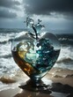 AI generated illustration of a heart-shaped glass apple with waves inside on a beach
