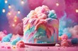 AI generated illustration of a vibrant cake with a topping of cotton candies