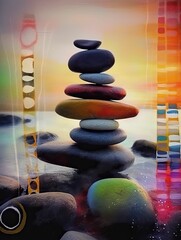 Wall Mural - ai generated illustration of a pile of stacked rocks in the middle of a lake
