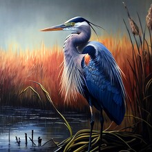 AI Generated Illustration Of A High-resolution Painting Of A Heron Perched In A Marshy Habitat
