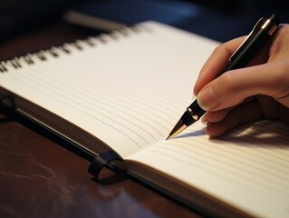 Wall Mural - Hand holding a pen and writing in a blank notepad on a wooden table AI