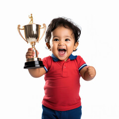 Wall Mural - Cute little child champion holding trophy on white background.