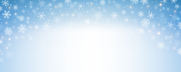 Wall Mural - pastel winter sky with snowflakes. blue light color gradient. fantasy soft blurred wallpaper. vector