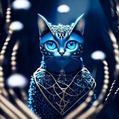 AI generated illustration of A blue-colored feline illuminated by the soft, warm light