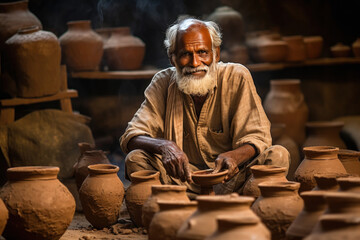 Indian potter making clay pot at home