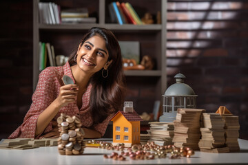 Young woman arranging coin on table. future investment planning.