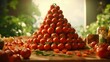 AI generated illustration of a vibrant red tomato tower on the wooden table