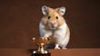 AI-generated illustration of a white and brown hamster proudly standing with a gold trophy.