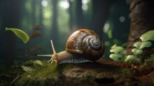 AI Generated Snail Crawling In A Lush Green Forest