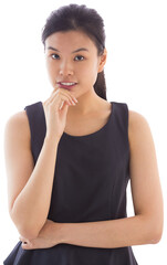 Sticker - Digital png photo of pensive asian businesswoman looking on camera on transparent background