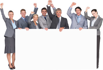 Canvas Print - Digital png photo of group of happy caucasian businesspeople, copy space on transparent background