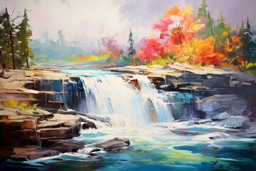 Wall Mural - impressionist painting of the mountain waterfall landscape, a picturesque natural environment in harmonious colours