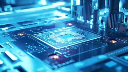 Leinwandbilder - Close-up of Silicon Die are being Extracted from Semiconductor Wafer and Attached to Substrate by Pick and Place Machine. Computer Chip Manufacturing at Fab. Semiconductor Packaging Pr : Generative AI
