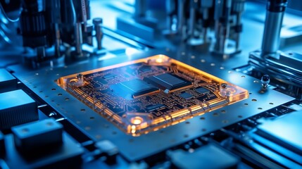 Leinwandbilder - Close-up of Silicon Die are being Extracted from Semiconductor Wafer and Attached to Substrate by Pick and Place Machine. Computer Chip Manufacturing at Fab. Semiconductor Packaging Pr : Generative AI