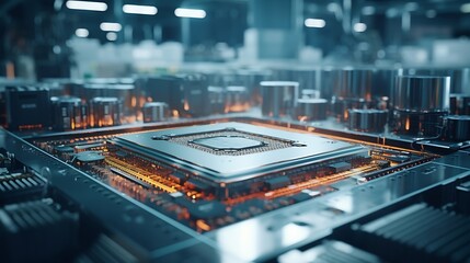 Leinwandbilder - Shot of Computer Processor Production Line at Advanced Semiconductor Foundry in Bright Environment. Microchip Factory. : Generative AI