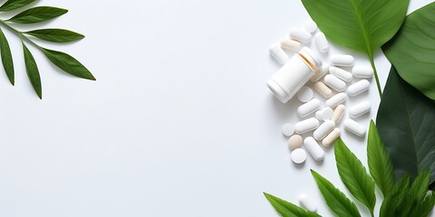 Wall Mural - supplement pills with medicine bottle health care and medical top view. Vitamin tablets. Top view mockup bottle for pills and vitamins with green leaves, natural organic bio supplement : Generative AI