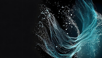 Wall Mural - abstract flowing fluid light particles green blue on black background with copy space for text in co