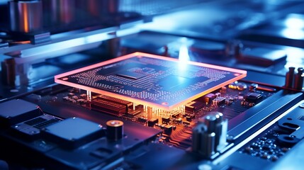 Leinwandbilder - Close-up of Silicon Die are being Extracted from Semiconductor Wafer and Attached to Substrate by Pick and Place Machine. Computer Chip Manufacturing at Fab. Semiconductor Packaging Pr : Generative AI
