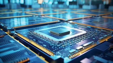Leinwandbilder - Shot of Computer Processor Production Line at Advanced Semiconductor Foundry in Bright Environment. Microchip Factory. : Generative AI