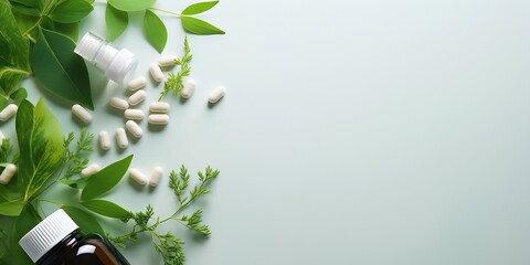 Wall Mural - supplement pills with medicine bottle health care and medical top view. Vitamin tablets. Top view mockup bottle for pills and vitamins with green leaves, natural organic bio supplement : Generative AI