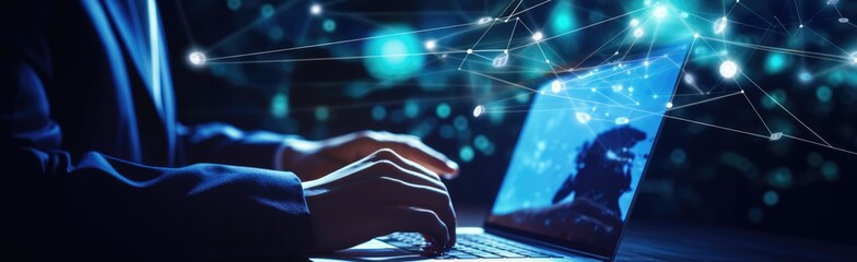 Businessman Abstract. use laptop and synchronize data of business on computer device with global network, Information Transfer, Data exchange, Data science analytics and internet technology.