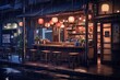 anime-inspired art style, Tokyo ramen shop glows warmly on a tranquil evening, with traditional Asian lofi architectural elements