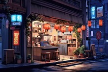 Anime-inspired Art Style, Tokyo Ramen Shop Glows Warmly On A Tranquil Evening, With Traditional Asian Lofi Architectural Elements