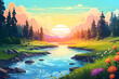 colourful cute and simple painting of the river landscape, a picturesque natural environment in bright vivid colours