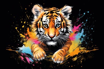 Sticker - Impressive baby tiger predatory beast color painting motif, cool t-shirt pattern for printing, Animal that hunts its prey and eats its meat. Generative AI, Isolated on black background