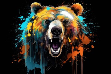 Wall Mural - Impressive bear predatory beast color painting motif, cool t-shirt pattern for printing, Animal that hunts its prey and eats its meat. Generative AI, Isolated on black background