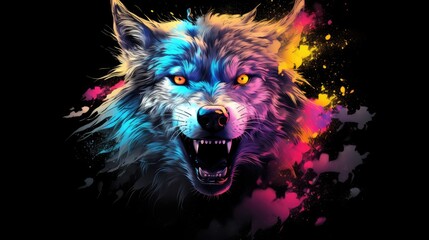 Sticker - Impressive wolf predatory beast color painting motif, cool t-shirt pattern for printing, Animal that hunts its prey and eats its meat. Generative AI, Isolated on black background